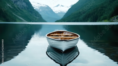 Wallpaper Mural A serene boat floats on calm waters, surrounded by majestic mountains and lush greenery. Torontodigital.ca