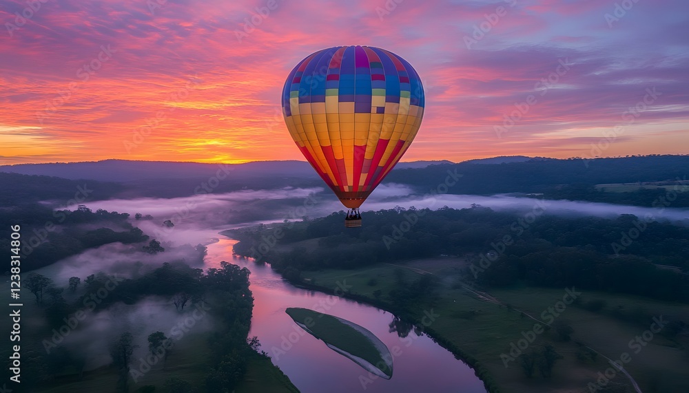 Obraz premium Hot Air Balloon Soaring Over River Valley Sunrise
