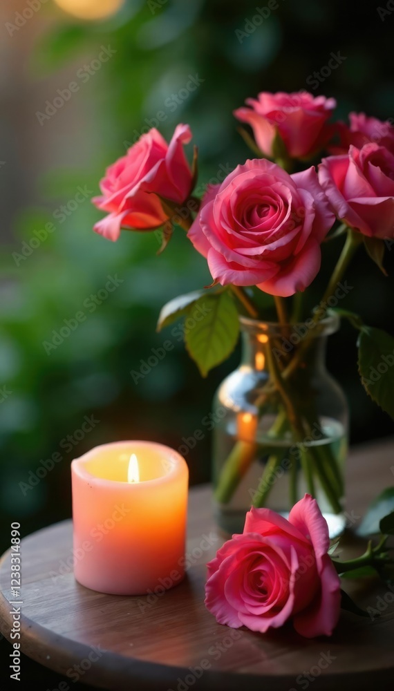Softly glowing candle beside a vase of long-stemmed roses, garden scene, flowers Softly glowing candle beside a vase of long-stemmed roses, garden scene, flowers