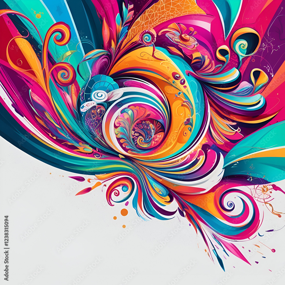 Vibrant abstract background with intricate swirling patterns, stylized geometric shapes, and illustrations in a mesmerizing-array of bright, clashing, and harmonious colors, over a white background Vibrant abstract background with intricate swirling patterns, stylized geometric shapes, and illustrations in a mesmerizing-array of bright, clashing, and harmonious colors, over a white background