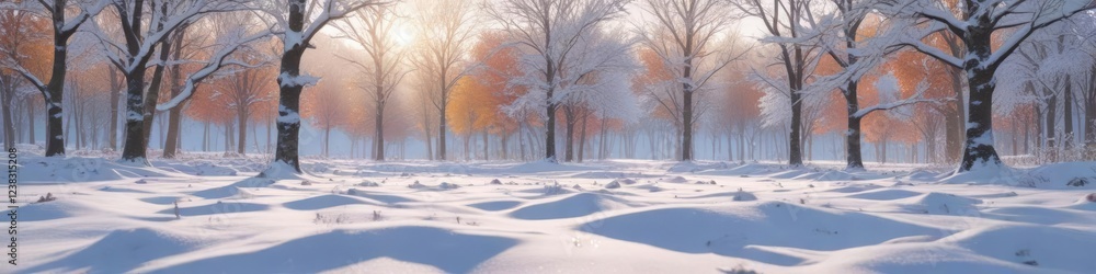 Fototapeta premium Snowflakes fall gently on a bed of fresh white snow with bare trees in the distance , quiet, falling