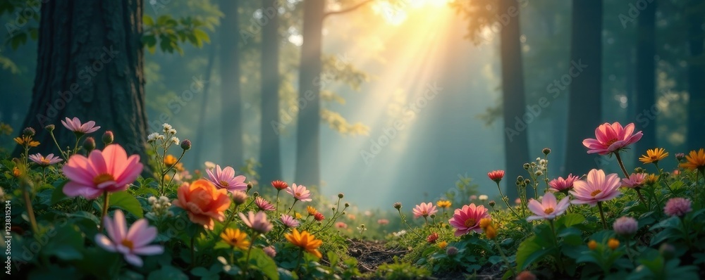 Obraz premium Softly glowing floral arrangement amidst misty forest foliage, forest canopy, nature scenes