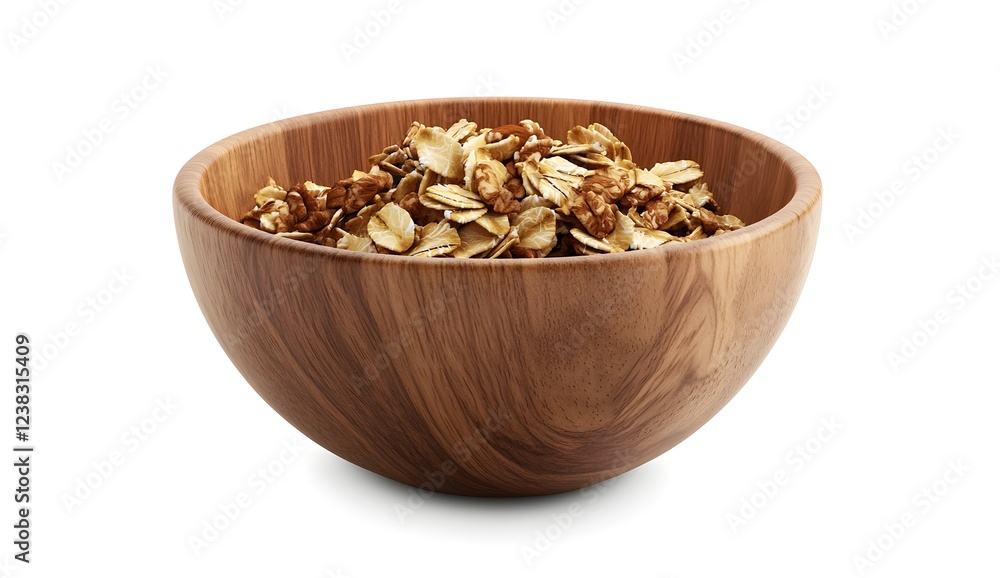 Oatmeal in a wooden bowl, isolated on a white background with a clipping path. Photorealistic, high-resolution rendering. Oatmeal in a wooden bowl, isolated on a white background with a clipping path. Photorealistic, high-resolution rendering.