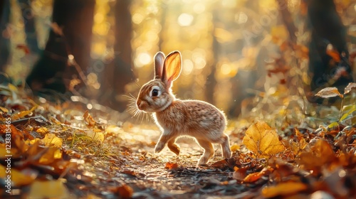 Fototapeta Naklejka Na Ścianę i Meble -  Rabbit walking through colorful leaves in a forest during autumn season