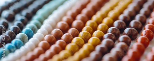 Vibrant close-up of colorful beads arranged in rows, showcasing diverse textures and hues for crafting and design projects.