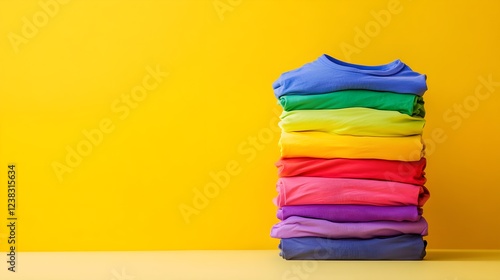 Photo of a stack of colorful t-shirts on a yellow background, representing diverse options for kids and young people. Web banner with copy space on the right. 