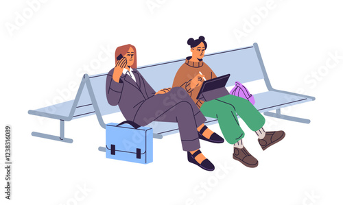 Passengers sit on bench in waiting area in airport. Tourists relax on seats in lounge zone before boarding. People on chairs before departure, flight. Flat isolated vector illustration on white
