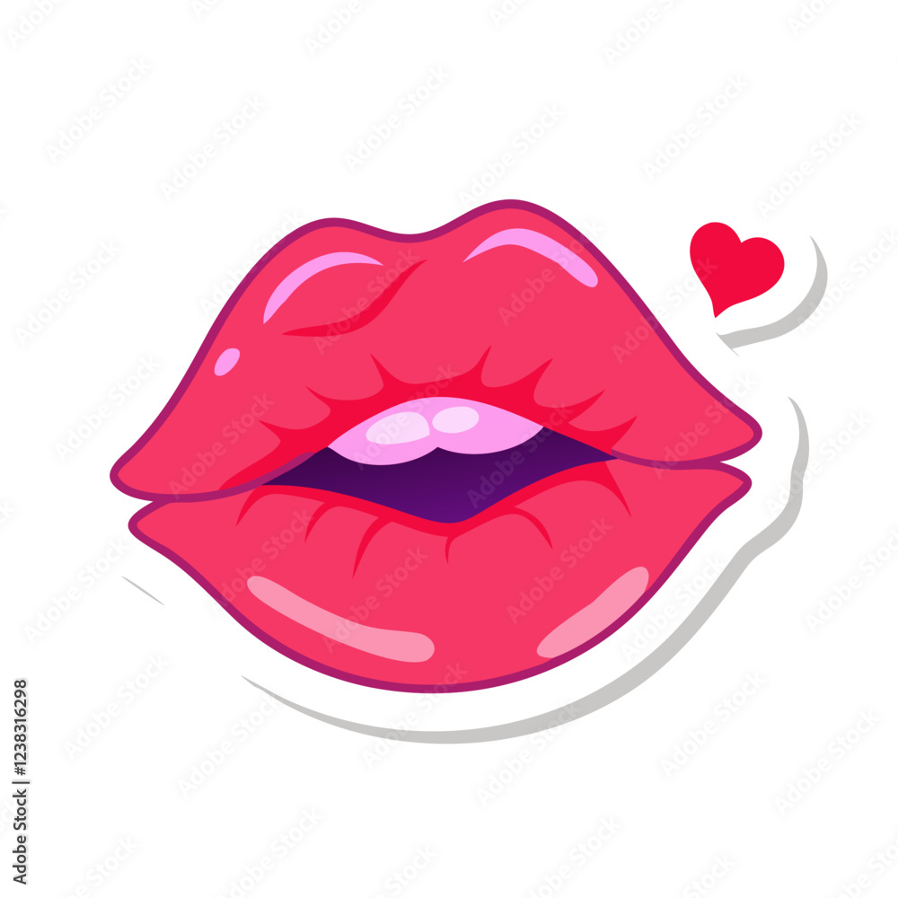 Obraz premium Glossy pink lips with heart sticker