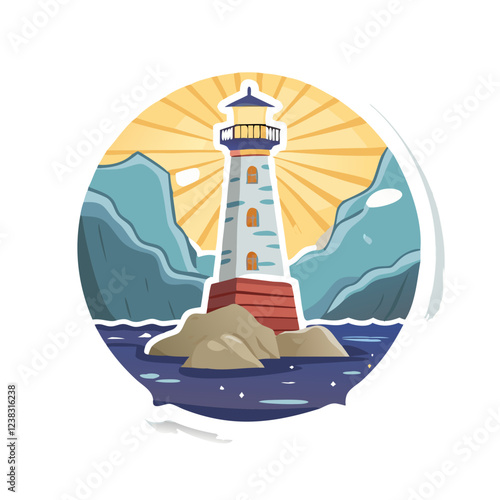 Lighthouse with sun and waves illustration