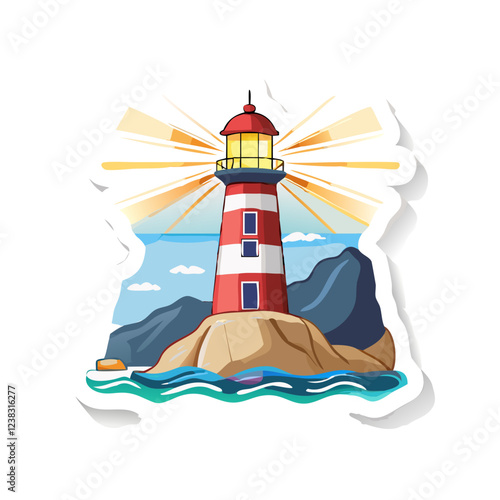 Red and white lighthouse on island sticker
