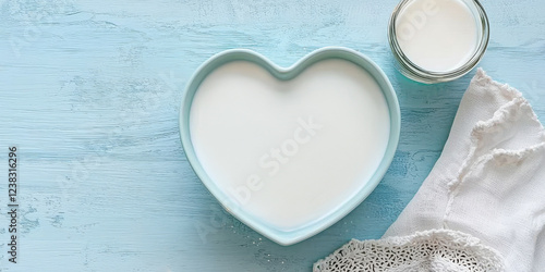 A heart-shaped bowl filled with milk sits on a blue wooden surface, accompanied by a glass container, creating a charming and inviting scene.