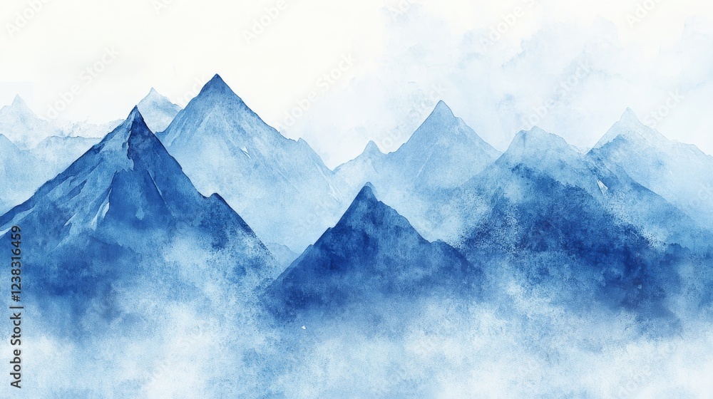 Obraz premium 9.A watercolor painting of towering mountain peaks in varying shades of blue, from light cerulean to deep indigo. The brushstrokes are soft and delicate, blending seamlessly to create smooth