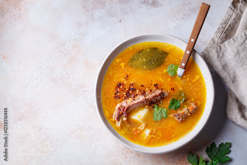 Split pea soup with smoked ribs.