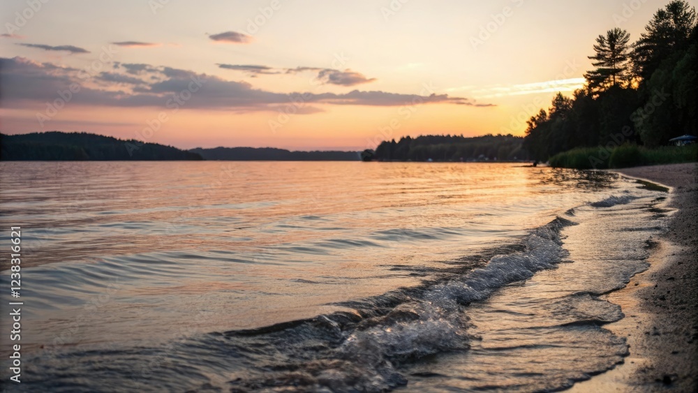 Obraz premium Soft focus photography of a serene lake scene with gentle waves lapping against the shore at sunset, natural light, peaceful atmosphere, lake scenes, sunset colors