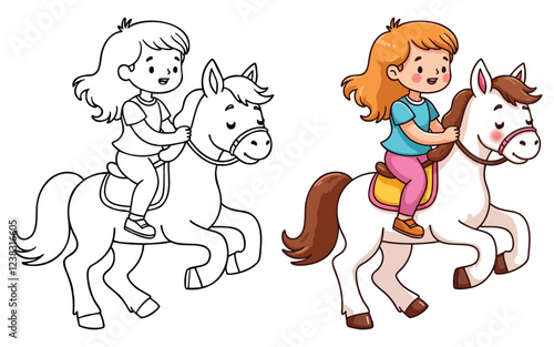 Cute Girl Riding on A Horse or Pony line art with fill-colored sample Printable. Isolated on White Background Outline Vector Illustration. Bold and Easy Domestic Animal Coloring Page for Adults and Ki
