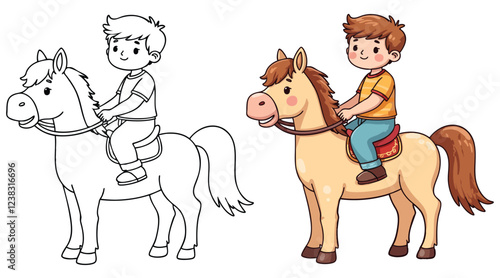 A Body Riding on A Horse or Pony line art with fill-colored sample Printable. Isolated on White Background Outline Vector Illustration. Bold and Easy Domestic Animal Coloring Page for Adults and Kids