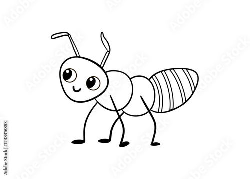 Cute black and white ant on a white background. Vector illustration with insect in cartoon style. Children's coloring book.