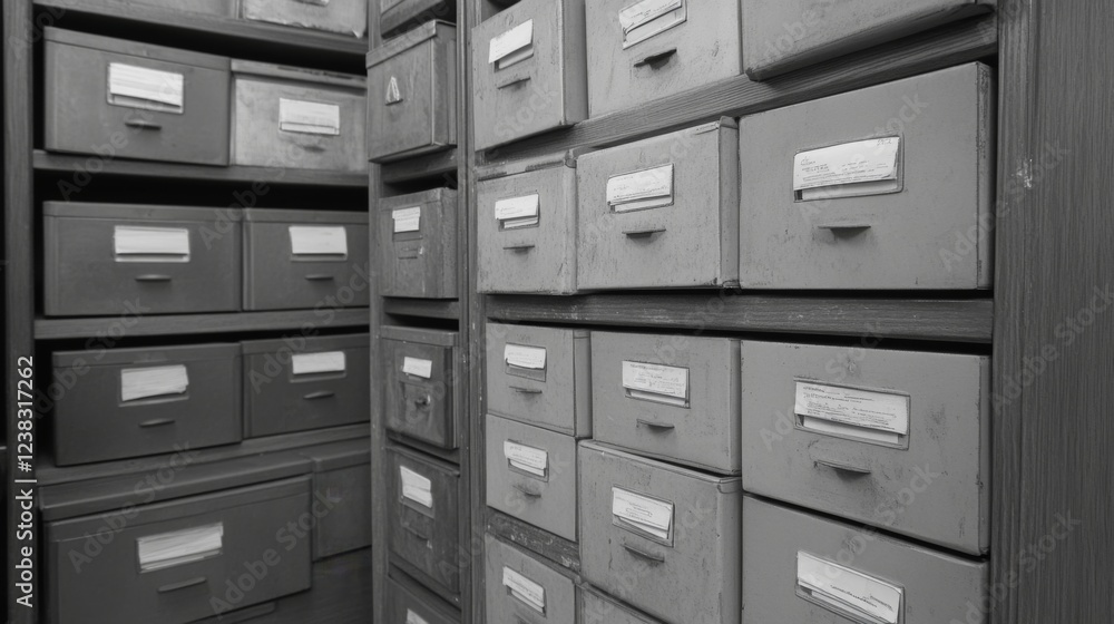 Rows of metal file cabinets filled with labeled drawers in a monochrome image. Rows of metal file cabinets filled with labeled drawers in a monochrome image.