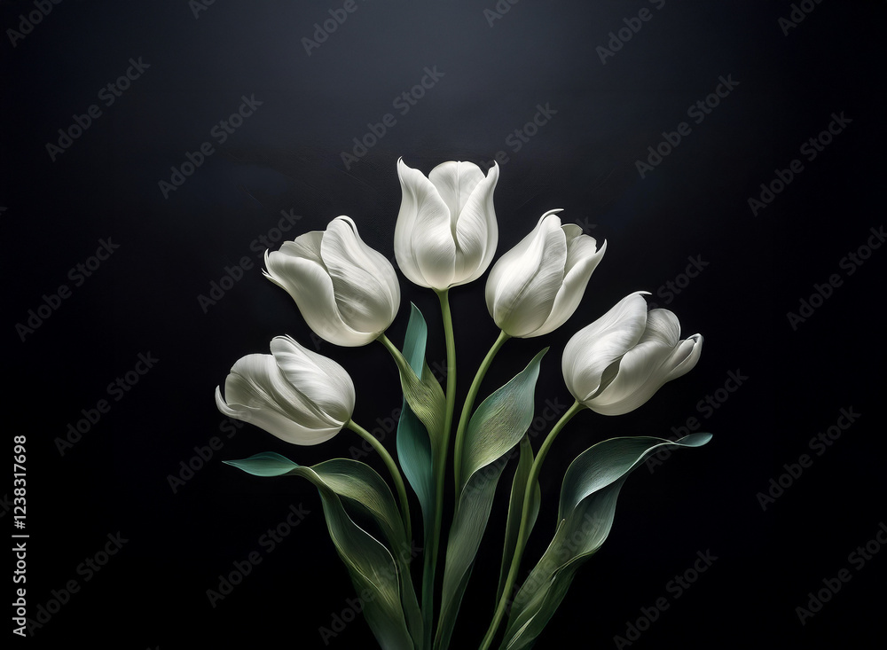 Four pristine white tulips, their petals smooth and elegant, are presented against a deep, dark background. The contrast highlights the flowers' delicate beauty. Four pristine white tulips, their petals smooth and elegant, are presented against a deep, dark background. The contrast highlights the flowers' delicate beauty.