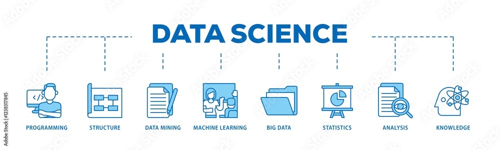 Data science infographic icons flow process which consists of data, classification, analyze, statistics, solving, decision and knowledge icon live stroke and easy to edit . Data science infographic icons flow process which consists of data, classification, analyze, statistics, solving, decision and knowledge icon live stroke and easy to edit .