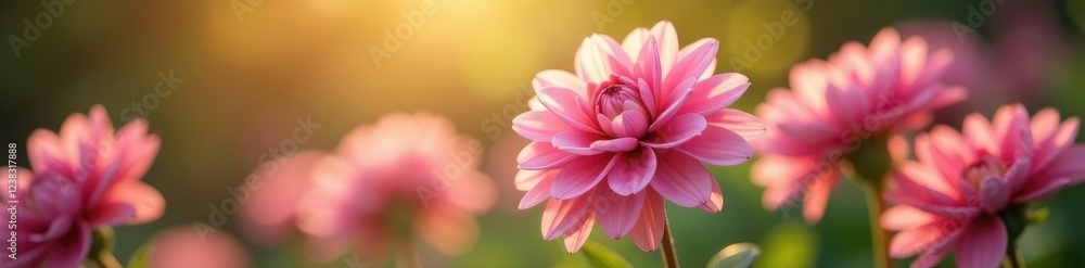 Soft petals of pink dahlias unfold in morning light, flower garden, spring flowers, dahlia blooms Soft petals of pink dahlias unfold in morning light, flower garden, spring flowers, dahlia blooms