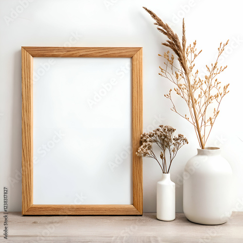 Blank wooden frame mockup with dried flowers in vases minimalist home decor design art white beige