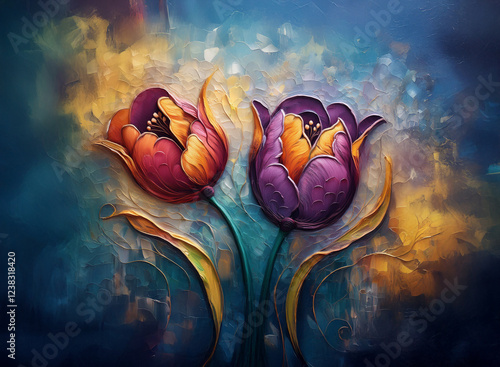 Two tulips, vibrant purple and orange, bloom against a textured, abstract background of swirling blues, golds, and purples.  The style is painterly and slightly surreal.