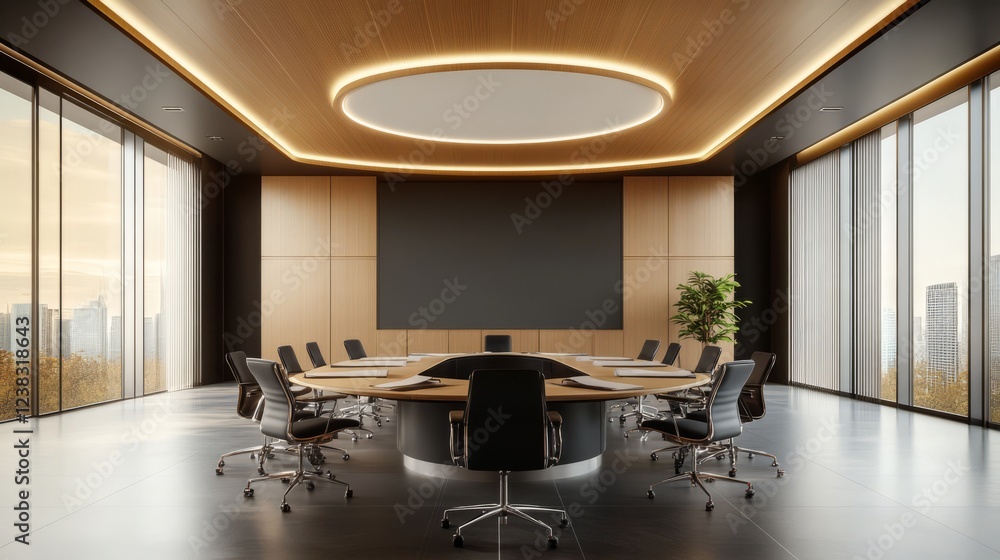 Modern, Spacious Boardroom With City Views, Featuring A Large Oval Table And Sleek Chairs. Modern, Spacious Boardroom With City Views, Featuring A Large Oval Table And Sleek Chairs.