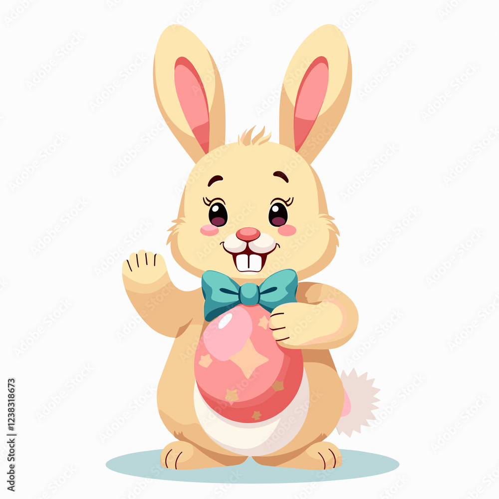 Obraz premium Cute bunny waving with colorful Easter egg