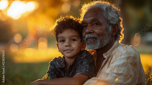 A heartwarming scene of an elderly man and a young boy sharing a moment in a sunlit park, showcasing love and family connection. photo