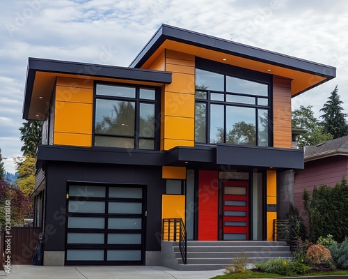 Contemporary house front elevation with bold lines geometric designs and a striking contrast between materials
