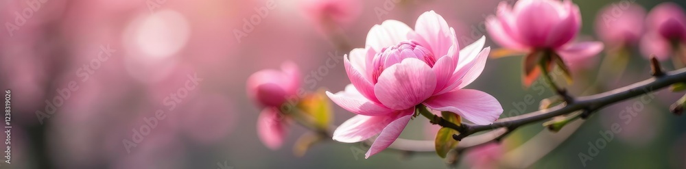 Soft pink peony blossoms unfold on the tree's branches, tree, pink flowers, blossom Soft pink peony blossoms unfold on the tree's branches, tree, pink flowers, blossom