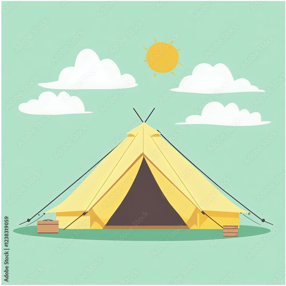 A colorful illustration of a yellow camping tent under a bright sun and fluffy clouds, symbolizing outdoor adventures and relaxation. A colorful illustration of a yellow camping tent under a bright sun and fluffy clouds, symbolizing outdoor adventures and relaxation.