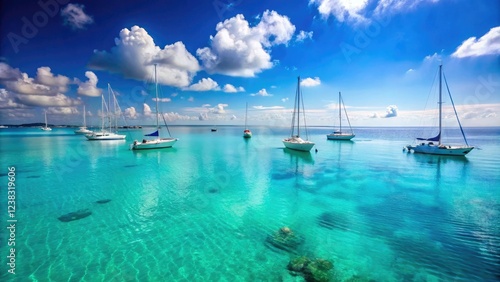 Peaceful ocean landscape with sailboats and yachts gliding effortlessly on calm turquoise water, sailing, boat sailing, calm sea, sailboat, peaceful atmosphere