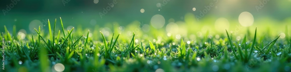 Obraz premium Sparkling dew drops glisten on the frosty grass, abstract, shining