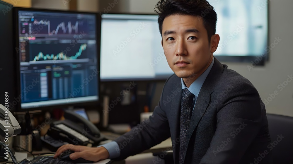 A focused young professional in a suit works at a desk with multiple computer screens displaying stock market data and charts in a modern office environment. A focused young professional in a suit works at a desk with multiple computer screens displaying stock market data and charts in a modern office environment.