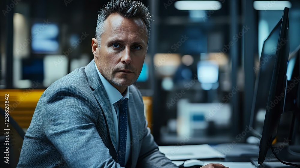A focused businessman in a suit working at a desk, conveying professionalism and concentration in a modern office environment. A focused businessman in a suit working at a desk, conveying professionalism and concentration in a modern office environment.