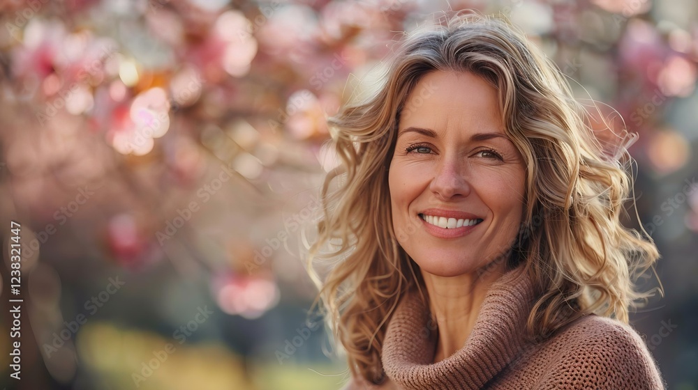 Fototapeta premium A joyful woman with wavy hair smiles warmly amidst blooming flowers, radiating happiness and serenity in a vibrant spring setting.