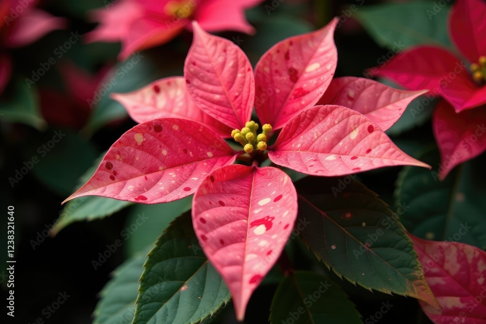 Speckled poinsettia plant with red and yellow spots on leaves, red, pink Speckled poinsettia plant with red and yellow spots on leaves, red, pink