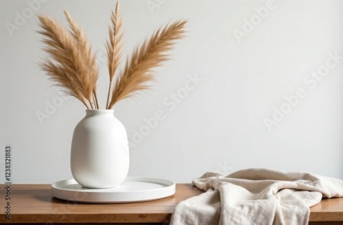 Modern white ceramic vase with dry Lagurus ovatus grass and marble tray on vintage wooden table. High quality photo photo