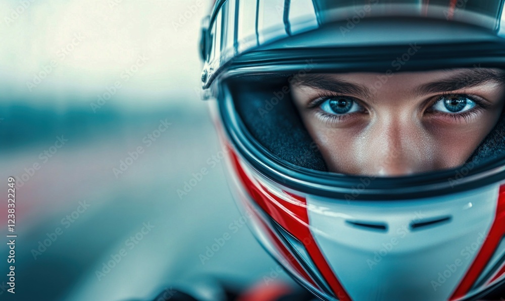 Close-Up of Young Racer Wearing a Professional Helmet Close-Up of Young Racer Wearing a Professional Helmet