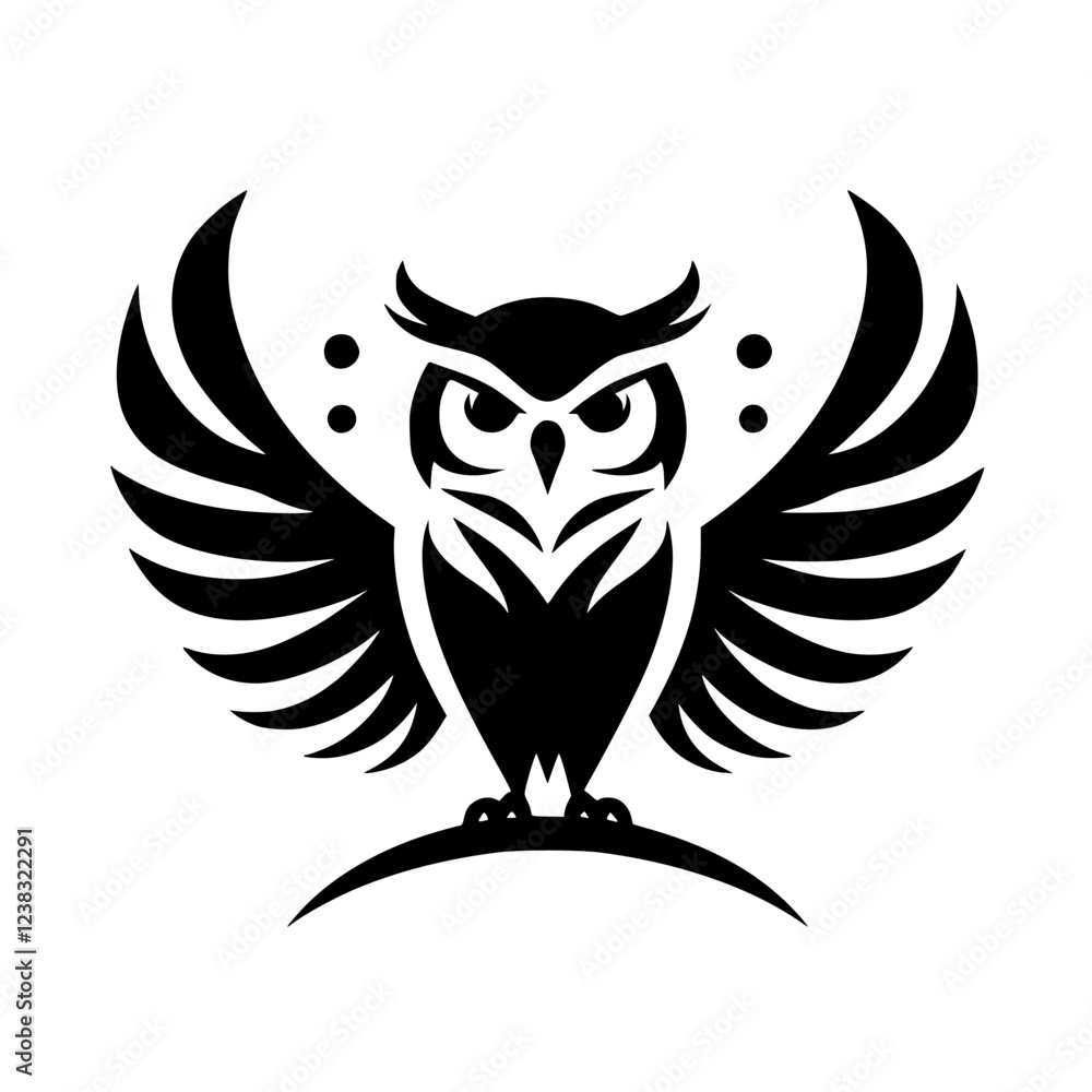 Obraz premium Majestic Owl with Spread Wings: Black and White Vector Graphic