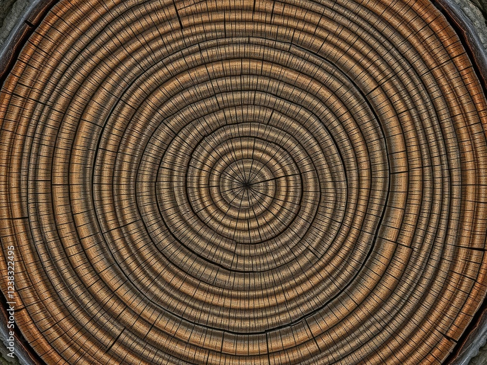 Fototapeta premium Ring pattern of a tree trunk with visible growth rings, foliage, trees