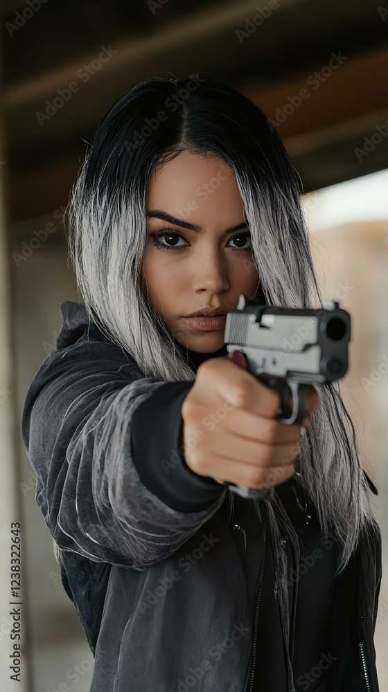 A fierce woman confidently pointing a handgun, showcasing strength and determination. Ideal for themes of empowerment and action. A fierce woman confidently pointing a handgun, showcasing strength and determination. Ideal for themes of empowerment and action.
