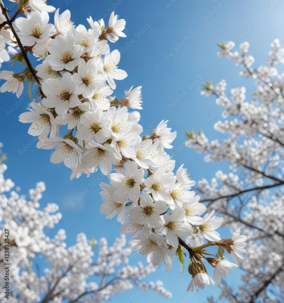 Scenic view of white cherry blossoms against clear blue sky, serenity, springtime, garden landscape, cherry tree Scenic view of white cherry blossoms against clear blue sky, serenity, springtime, garden landscape, cherry tree