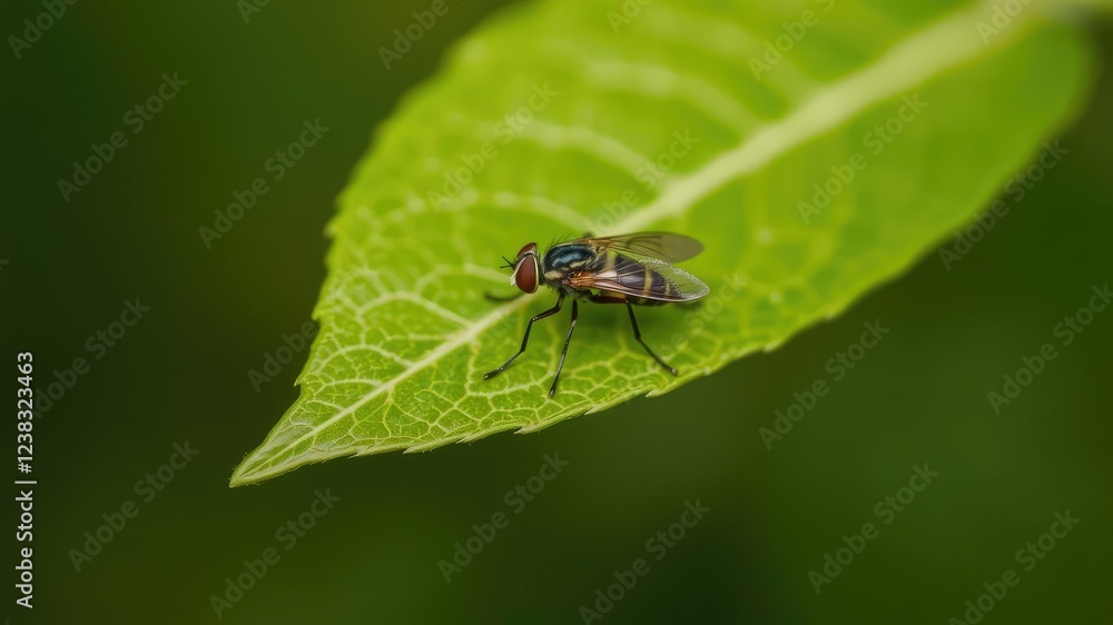 Sarcophaga fly perched on a single leaf with minor veins, sarcophaga, nature Sarcophaga fly perched on a single leaf with minor veins, sarcophaga, nature