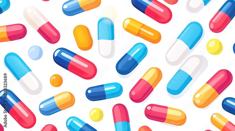 Colorful capsules scattered, white background, healthcare, medical illustration Colorful capsules scattered, white background, healthcare, medical illustration