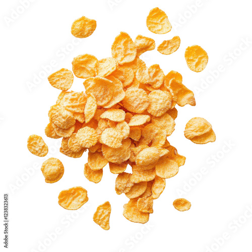 Corn Flakes Scattered: A burst of golden corn flakes scattered against a pristine backdrop, capturing the essence of a breakfast staple with a playful, airy feel.  