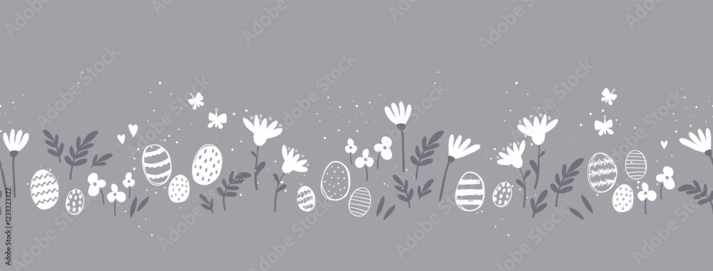 Fotografie Cute hand drawn easter eggs horizontal seamless pattern, fun easter decoration,