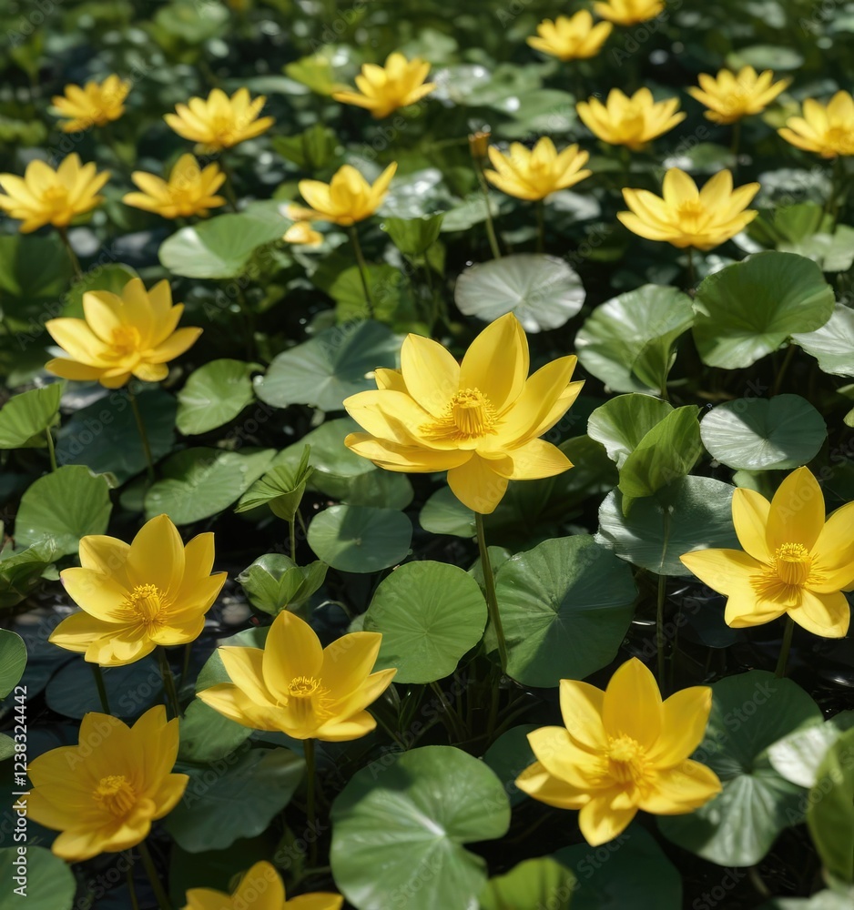 Single yellow lotus corniculatus on a bed of leaves, forest floor, green foliage, lotus corniculatus flower Single yellow lotus corniculatus on a bed of leaves, forest floor, green foliage, lotus corniculatus flower